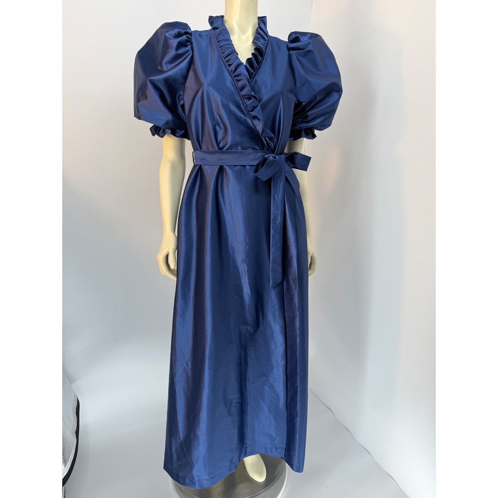 Vintage Puff Sleeve Satin Robe Royal Blue Ruffle Neck Tie Waist Maxi Wrap‎ M/L